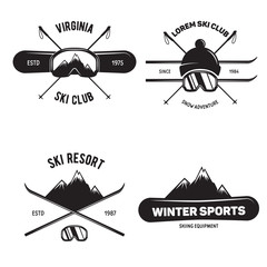 Set of Ski Club. Vintage Mountain winter badges. Outdoor adventure logo design.Snowboard icon symbol.