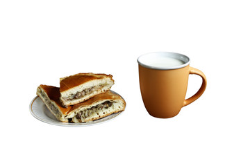 
tasty and healthy mushroom pie and cup of milk for a healthy diet. isolated on white background without shadows. easy to cut to your design.