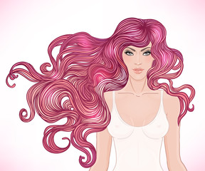 Beautiful Caucasian girl with long curly hair. Vector illustrati