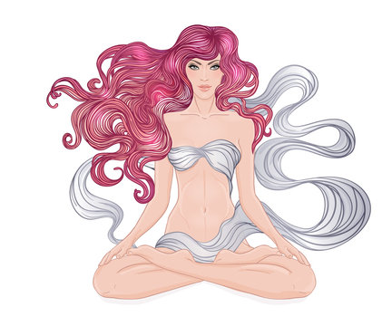 Beautiful Caucasian Girl with long curly hair sitting in Lotus p