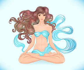 Beautiful Caucasian Girl with long curly hair sitting in Lotus p