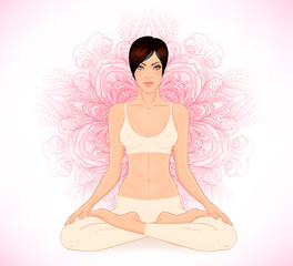 Fototapeta na wymiar Beautiful Caucasian Brunette Girl sitting in Lotus pose with orn