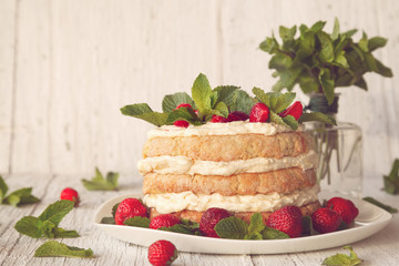 Homemade cake decorated strawberry and mint on white background