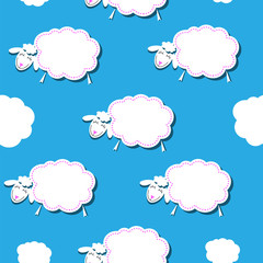 Seamless pattern with white sheep on the sky background