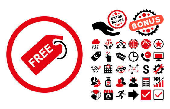 Free Tag icon with bonus pictogram. Vector illustration style is flat iconic bicolor symbols, intensive red and black colors, white background.