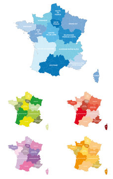 France - Nouvelles cartes à 13 régions multicolores