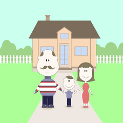 Smiling family standing in front of house vector illustration