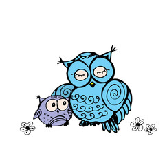 mother owl and owlet, isolated on white background