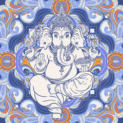 Hindu Lord Ganesha over ornate colorful mandala.