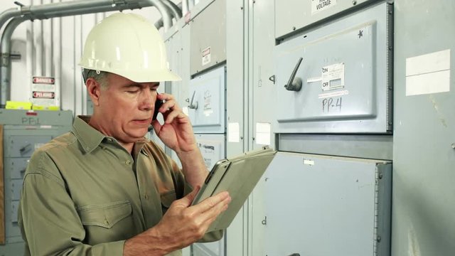 An electrician or electrical engineer in front of electricity service panels using cell phone and electronic tablet.