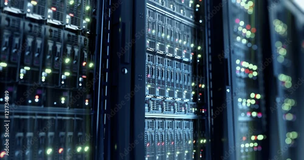 Poster servers close up. modern datacenter. cloud computing. loopable 8k 4k uhd