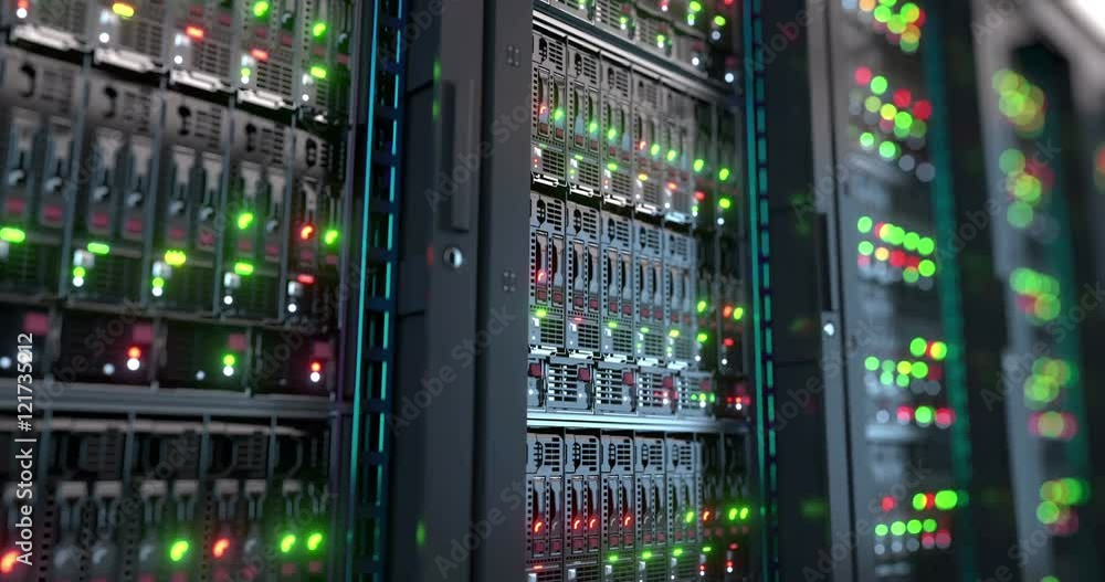 Poster servers close up. modern datacenter. cloud computing. loopable 8k 4k uhd