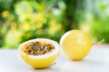 Passion fruit on white table
