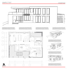 Wireframe blueprint drawing of 3D building, house. Vector architectural template background.