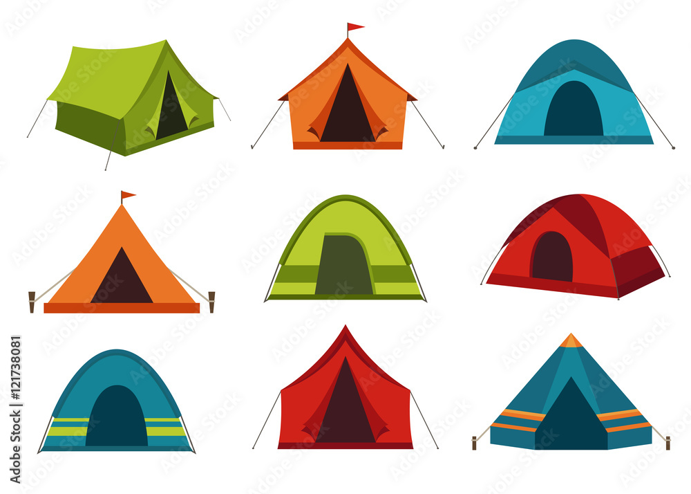 Wall mural set of camping tent vector icons isolated on white background.