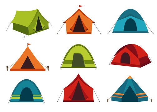 Set of camping tent vector icons isolated on white background.