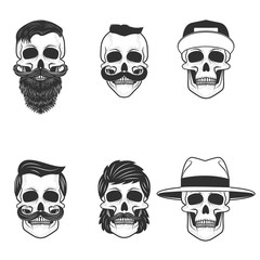 Set of the skulls with hairstyle and hats. Design elements for e