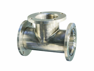 Thick stainless steel tee flanges for bolting.