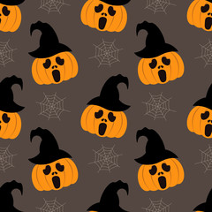 Seamless background for Halloween with pumpkins in hat and web. Vector illustration in modern flat design.