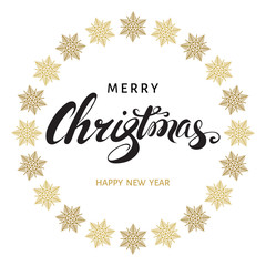Fototapeta na wymiar Merry Christmas hand lettering with golden snowflakes.