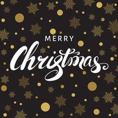 Merry Christmas  greeting  card with  lettering and  golden snow
