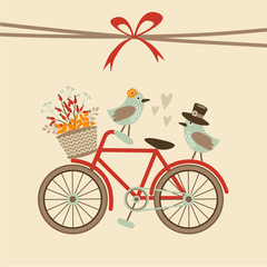 Cute retro wedding, birthday, baby shower card, invitation . Bicycle and birds. Autumn, fall vector illustration background
