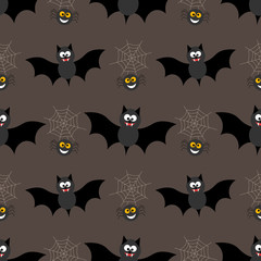 Seamless background for Halloween with bats and web. Vector illustration in modern flat design.