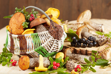 Forest mushrooms in basket 