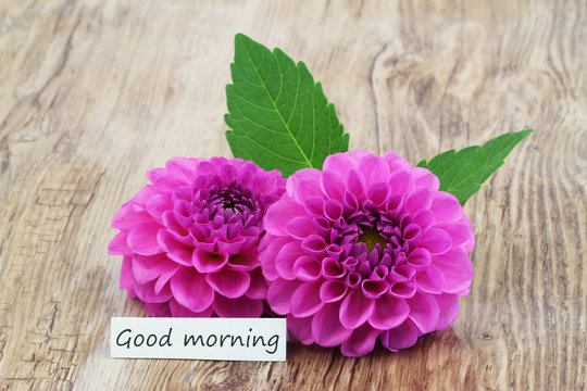 Good morning card with two pink dahlia flowers on wooden surface
