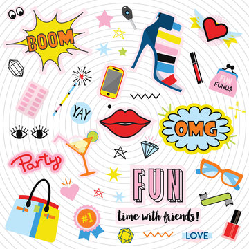 Fashionable quirky colorful labels and stickers icons set on inner circles pattern background