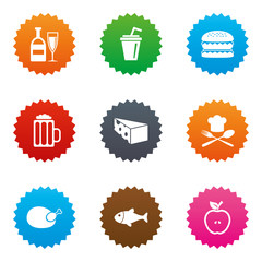 Food, drink icons. Beer, fish and burger signs.