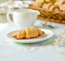 Breakfast with fresh croissants cakes