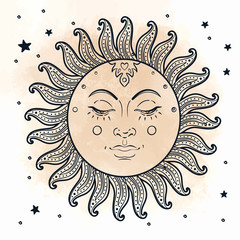 Golden Sun. Vector illustration in vintage engraving style