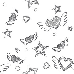 Seamless pattern. Hand drawing with chalk. Stars, hearts, etc.