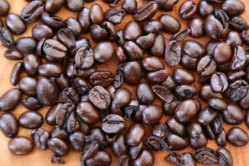 coffee beans on wood background,wood