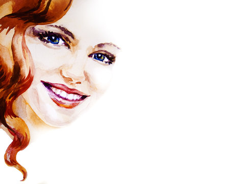 Beautiful smiling woman portrait on white background, watercolor - Powered by Adobe