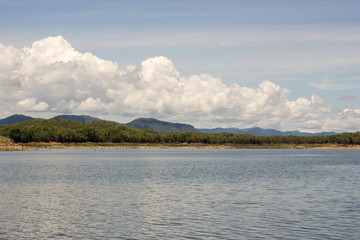 lake water and mountain with blue sky