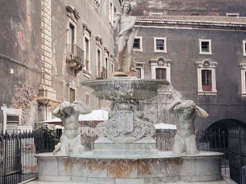 Amenano Fountain on Piazza del Duomo in Catania, Sicily, Italy