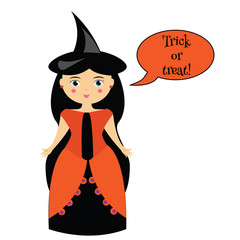 Cartoon cute witch character in dress and hat. Girl in halloween costume with speech bubble saying trick or treat