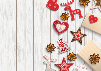 Christmas background, small scandinavian styled decorations lying on white wooden backdrop, illustration