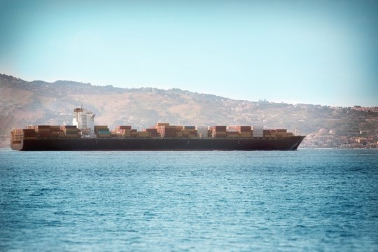 Large container ship, which sails on the open sea
