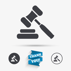 Auction hammer icon. Law judge gavel symbol.