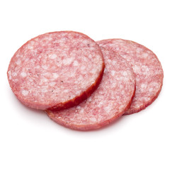 Salami smoked sausage three slices isolated on white background