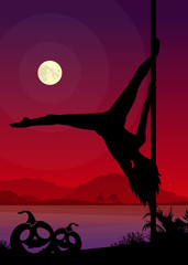 Black vector silhouette of female pole dancer performing pole moves in front of river landscape and full moon at Halloween night