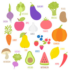 Set of fruits, vegetables, berries with signature