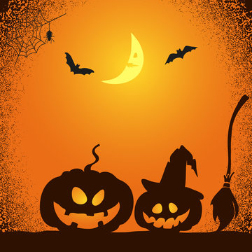 Halloween night background in orange and black colors. Vector illustration of creepy pumpkins, bats and moon.
