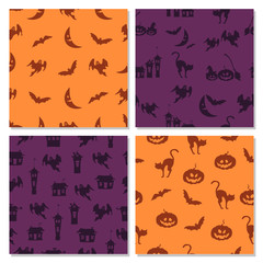 Fototapeta premium Set of Halloween seamless pattern in orange and purple colors. Collection of holiday vector backgrounds. 