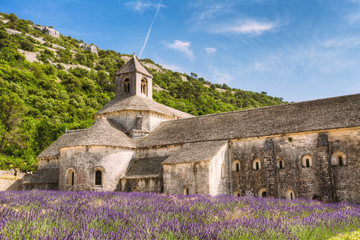 Beautiful Landscape Lavender Field And An Ancient Monastery Abbey - obrazy, fototapety, plakaty