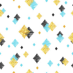 Seamless pattern with blue, black and golden glittering rhombuses. Hand drawn geometric background.
