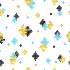  Naadloze patroon met blauwe, zwarte en gouden glinsterende ruiten. Hand getekend geometrische achtergrond. © Afanasia